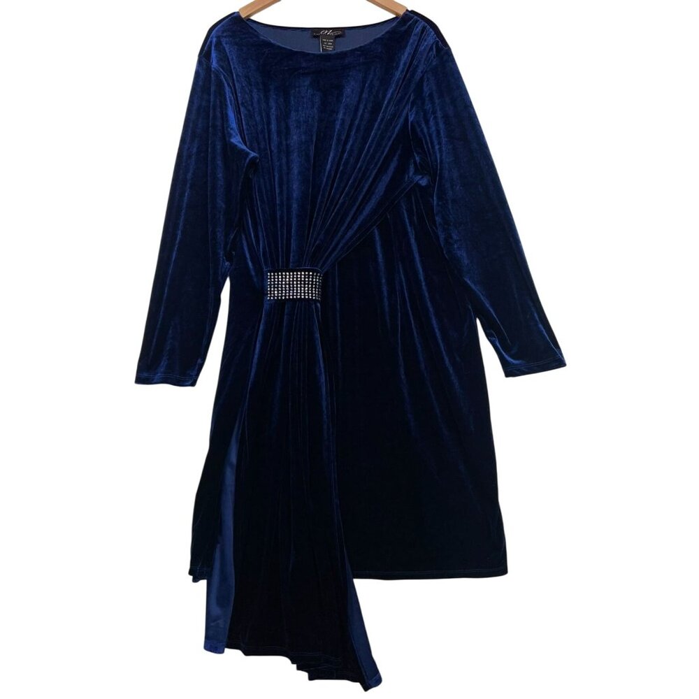 Midnight Velvet Womens Midi Dress Long Sleeve Sz 20W Navy Blue Rhinestone Buckle